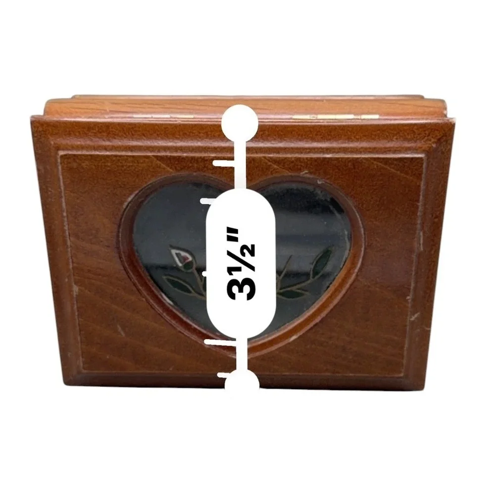 Vintage Wooden Jewelry Box Heart Glass Window Floral Inlay Ring Storage DYWJB103